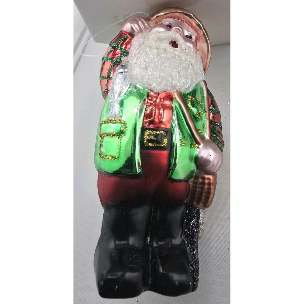 VTG 1990's Holiday Time‎ Ornament Fisherman Fishing Santa Glass Hand Painted